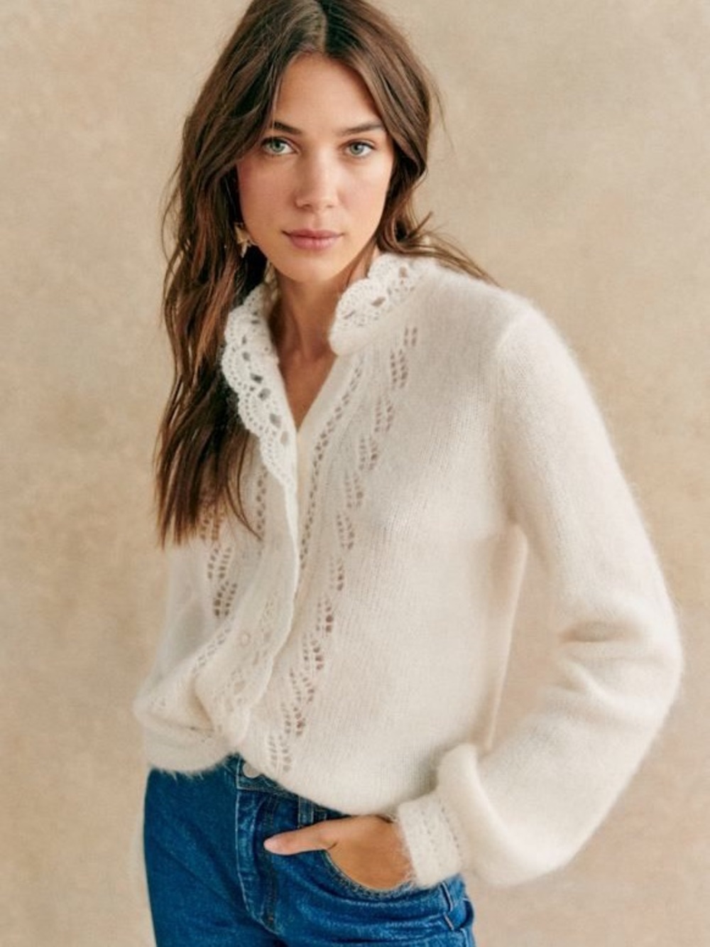 Sézane Angie Cardigan XS Ecru Cream Kid Mohair Wool Lace Knit Button Sweater